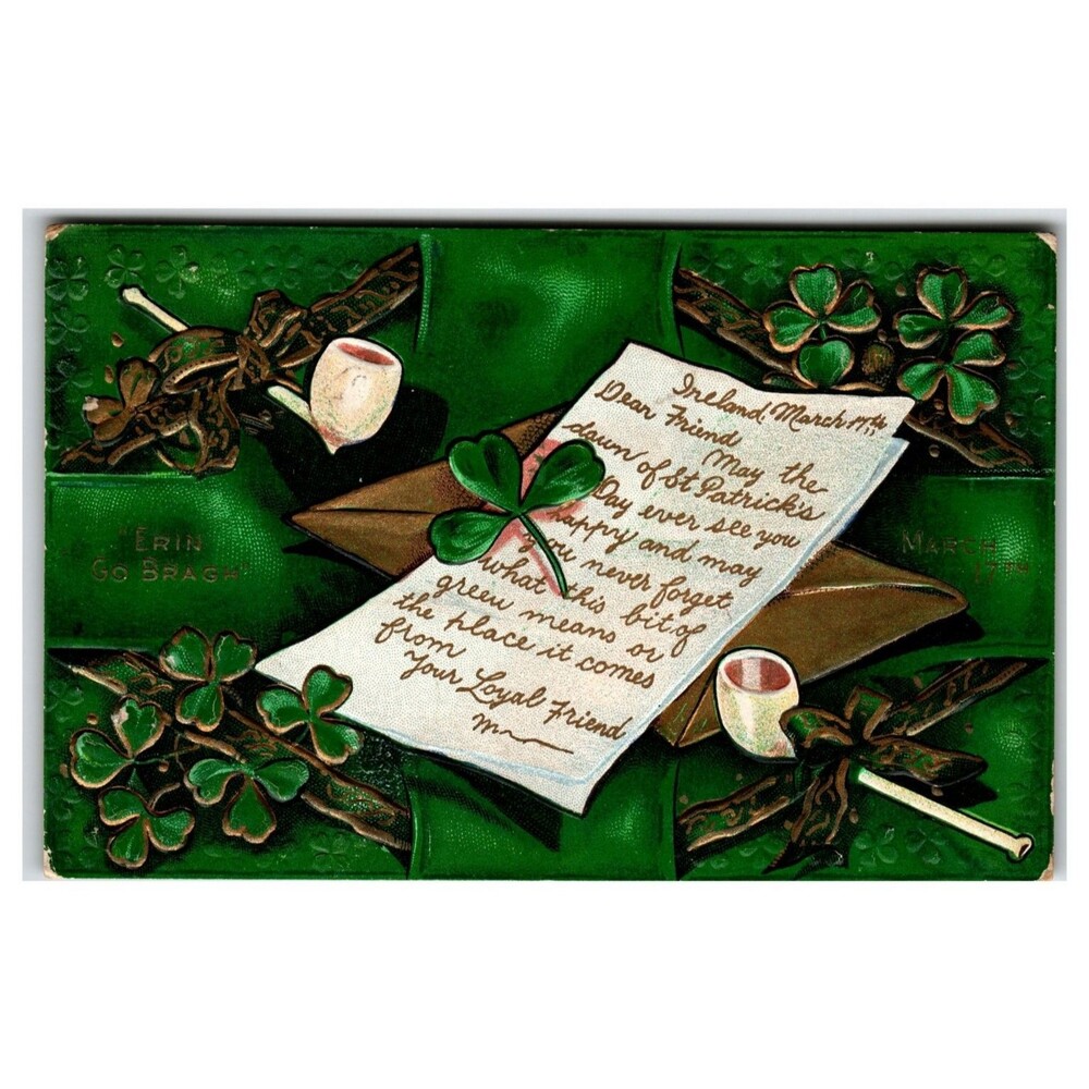 1910 St. Patrick's Day Postcard Jackson Michigan Embossed Shamrocks Pipe